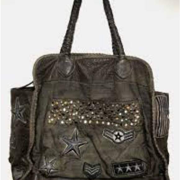 Rare Free People Leather & Cotton Studded & Patched Military Tote L13"W13"D7" - Picture 6 of 7